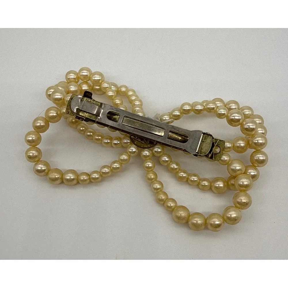 Vintage 90s Faux Pearl Bow Hair Barrette Cream Multi Strand French Clip 4.5 Inch